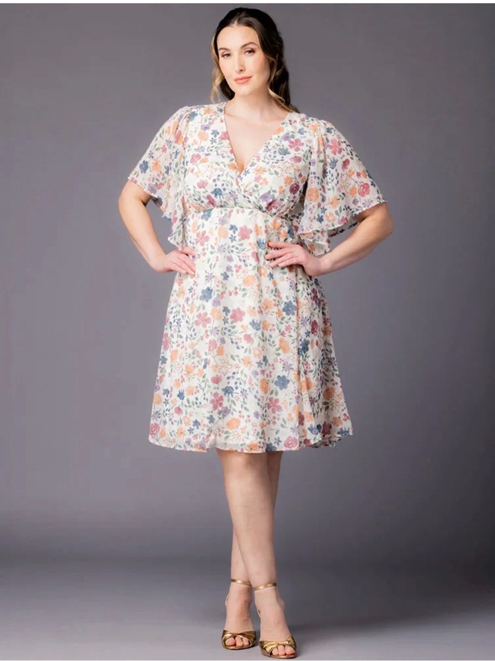 NEW Kiyonna Florence Floral Flutter Sleeve Empire Waist Dress 1X
